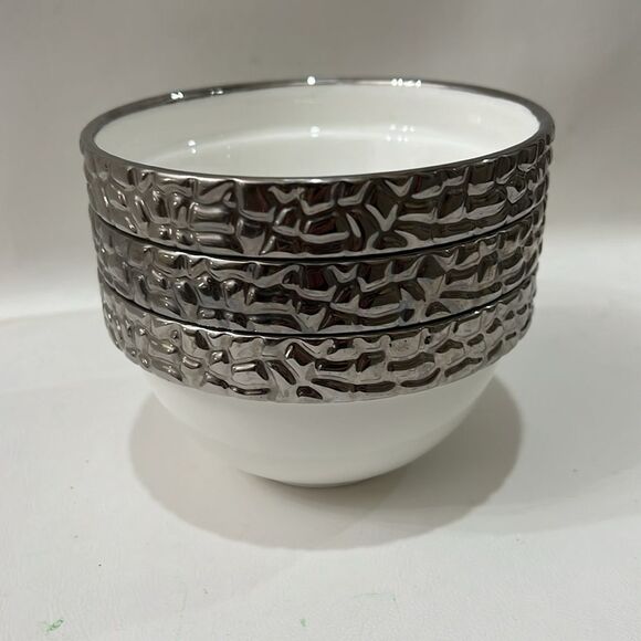 Royal Ridge Made In PRC Set 3 Rice Bowls 3 1/2 In Round 2 1/2 In Tall Silver Rim - Picture 11 of 11
